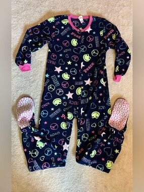Circo Navy ONESY Footed One-Piece Pajamas with Neon Frog & Peace Prints